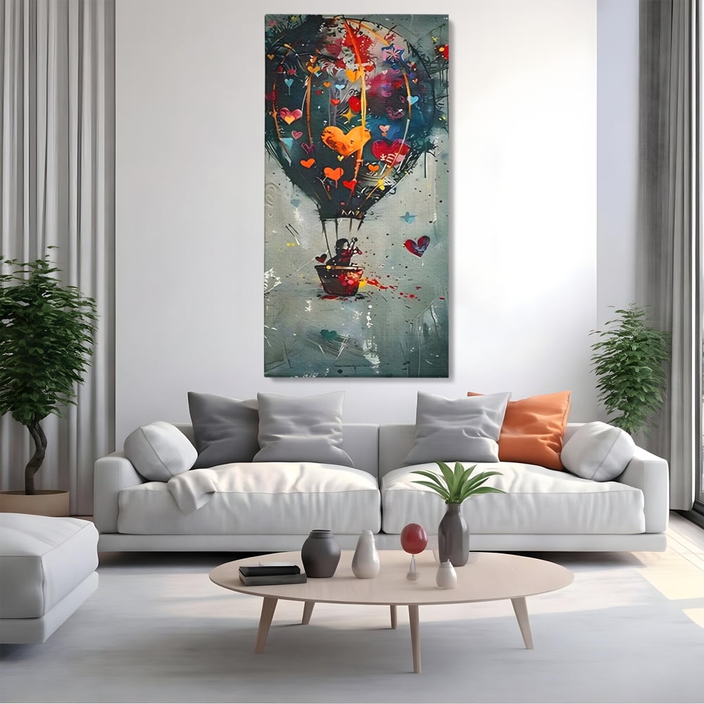 Tablou canvas cu tablou canvas cu balon cu aer cald si inimi, fara rama, pe sasiu de lemn, pe perete intr-un living